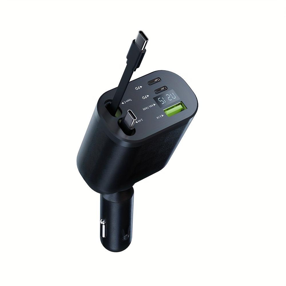Автомобильное зарядное устройство на 5 портов со светодиодным дисплеем, быстрой зарядкой USB PD, встроенными выдвижными кабелями Type-C для iPhone и Android