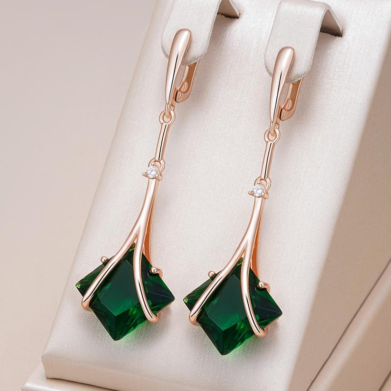Square Cut Green Zircon Long Dangle Earrings for Women Golden Earrings Fashion Vintage Jewelry Party Daily Accessories