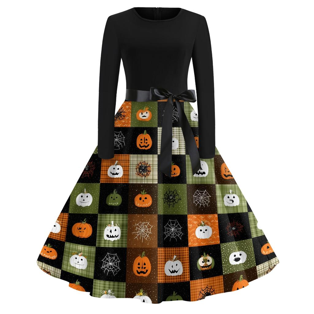 Women's Casual Vintage Halloween Dress Long Sleeve Round Neck A-Line Midi Dress with Bow Waistband and Pumpkin Print Skirt