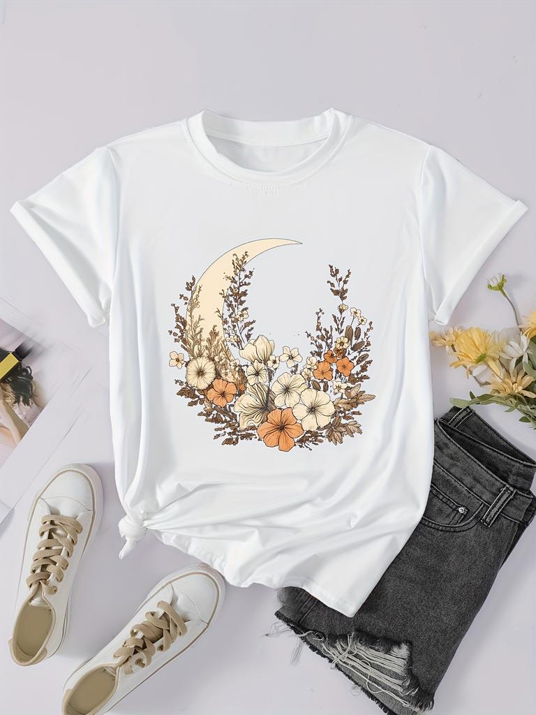 Футболка большого размера, женская, с цветочным принтом и лунным принтом, с коротким рукавом, круглым вырезом, слегка эластичный топ