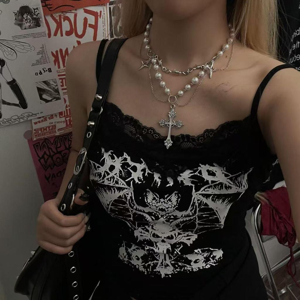 Ожерелье с черным бисерным крестом в готическом стиле Y2K и аксессуар к толстовке для крутой девушки