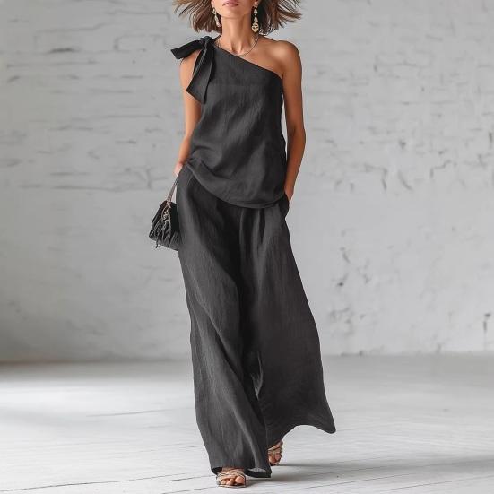 2 Piece Outfits for Women Summer One Shoulder Sleeveless Top And Wide Leg Pants Matching Lounge Set with