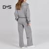 2Pcs/Set Women Solid Color Casual Outfit Lapel Zipper Neckline Long Sleeve Sweatshirt Elastic Waist Drawstring Wide Leg Pants Set