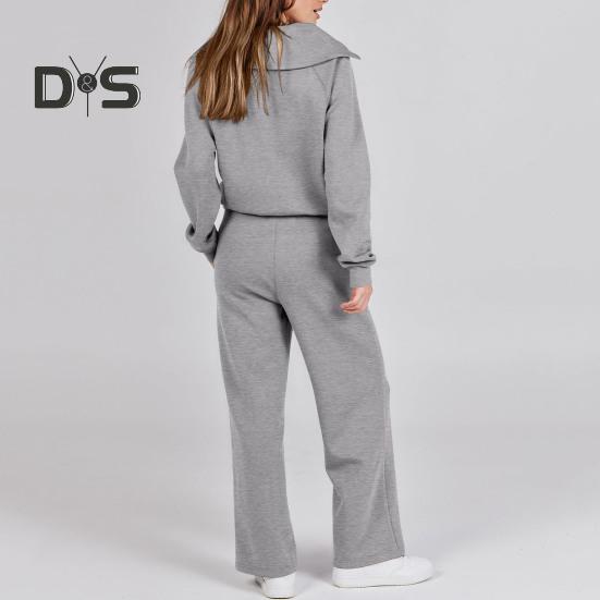 2Pcs/Set Women Solid Color Casual Outfit Lapel Zipper Neckline Long Sleeve Sweatshirt Elastic Waist Drawstring Wide Leg Pants Set