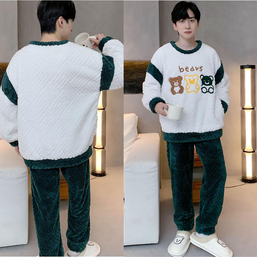 Мужской зимний пижамный комплект из утепленной фланели, теплая плюшевая пижама с рисунком медведя из мультфильма, удобная пижама с круглым вырезом для сна