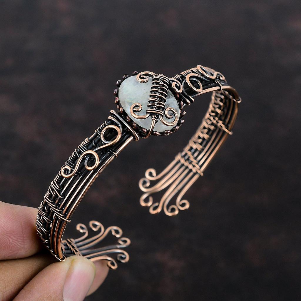 Радужный лунный камень медный браслет-манжета браслет из медной проволоки ручной работы регулируемый браслет ювелирные изделия из драгоценных камней проволочный браслет-манжета уникальный браслет