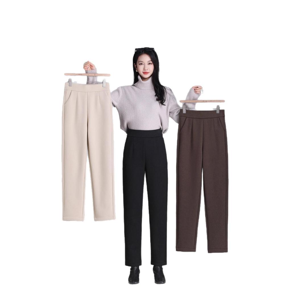 Women's High-Waisted Wool Cigarette Pants - Autumn/Winter, Warm, Versatile, Casual, Plus Velvet & Thickened.