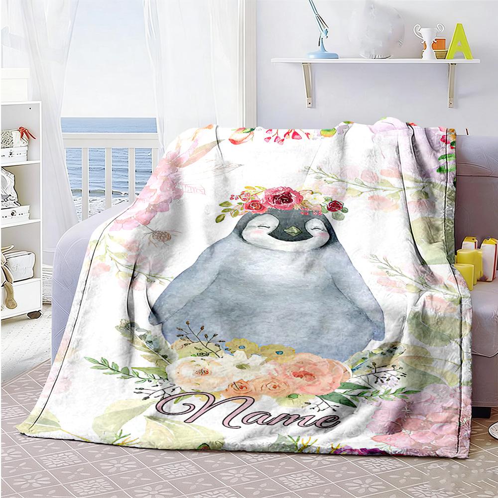 Flowers Penguins Personalized Text Blanket Cozy Customizable Blanket Soft Warm Cozy Throw For Office Livingroom Bed Chair for All Occasions