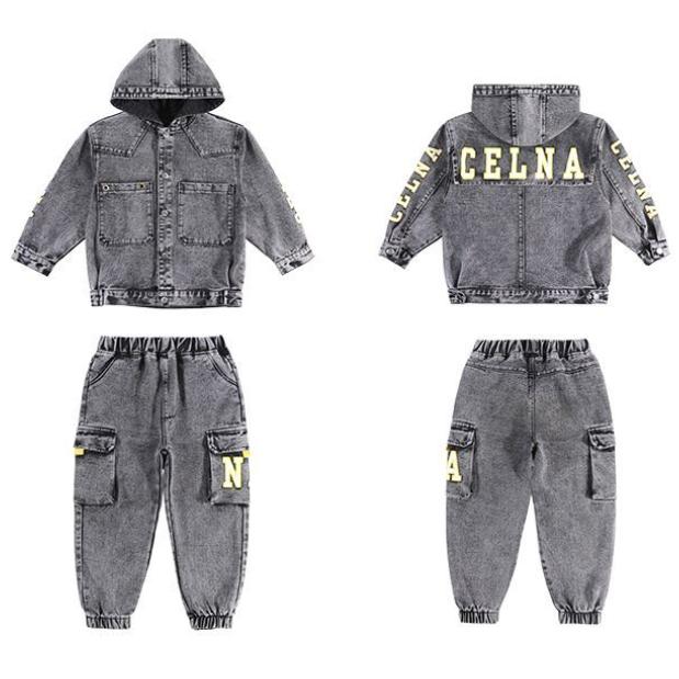 Весенне-осенний джинсовый костюм для мальчиков, джинсовая куртка с капюшоном и джинсы для мальчиков и детей, модный костюм-двойка