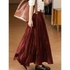 2025 Autumn New Women Skirts Solid Plaid Loose Elastic Waist Pleated Elegant Long Skirts Red