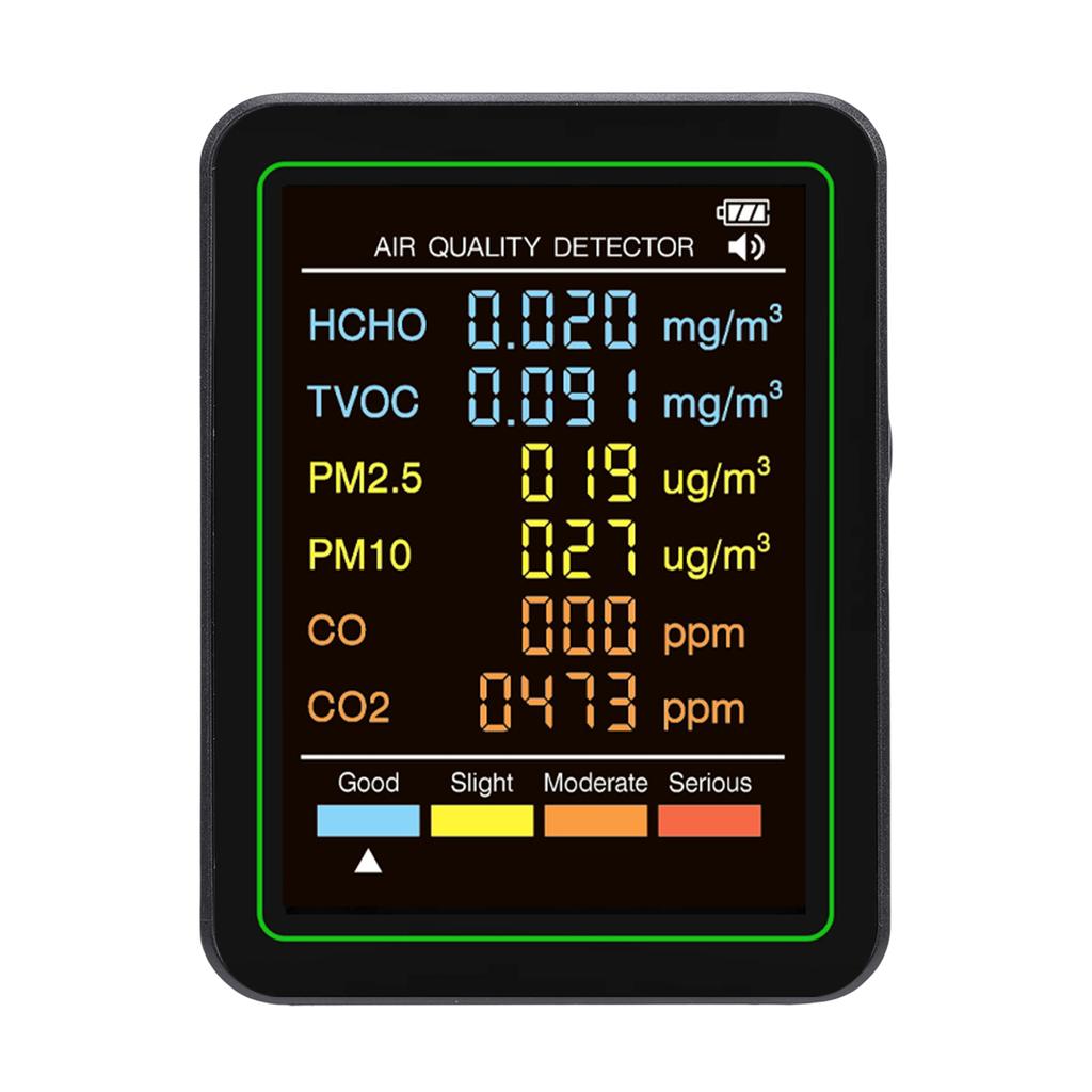 6-в-1 Монитор качества воздуха с обнаружением CO CO2 TVOC HCHO PM2.5 PM10, Инфракрасный датчик, Цветной ЖК-экран, Портативный, для дома