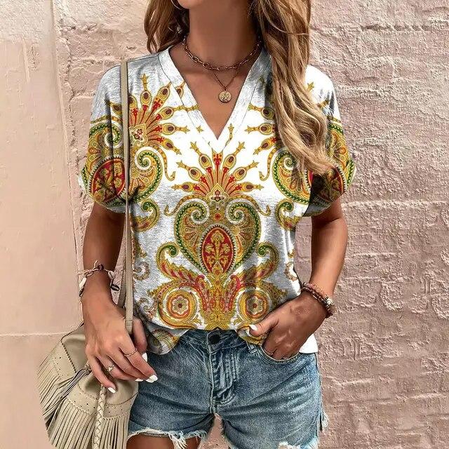 Женская футболка с v-образным вырезом, летняя модная женская одежда, топы с 3d винтажным принтом, повседневная одежда для девочек, женский пуловер большого размера