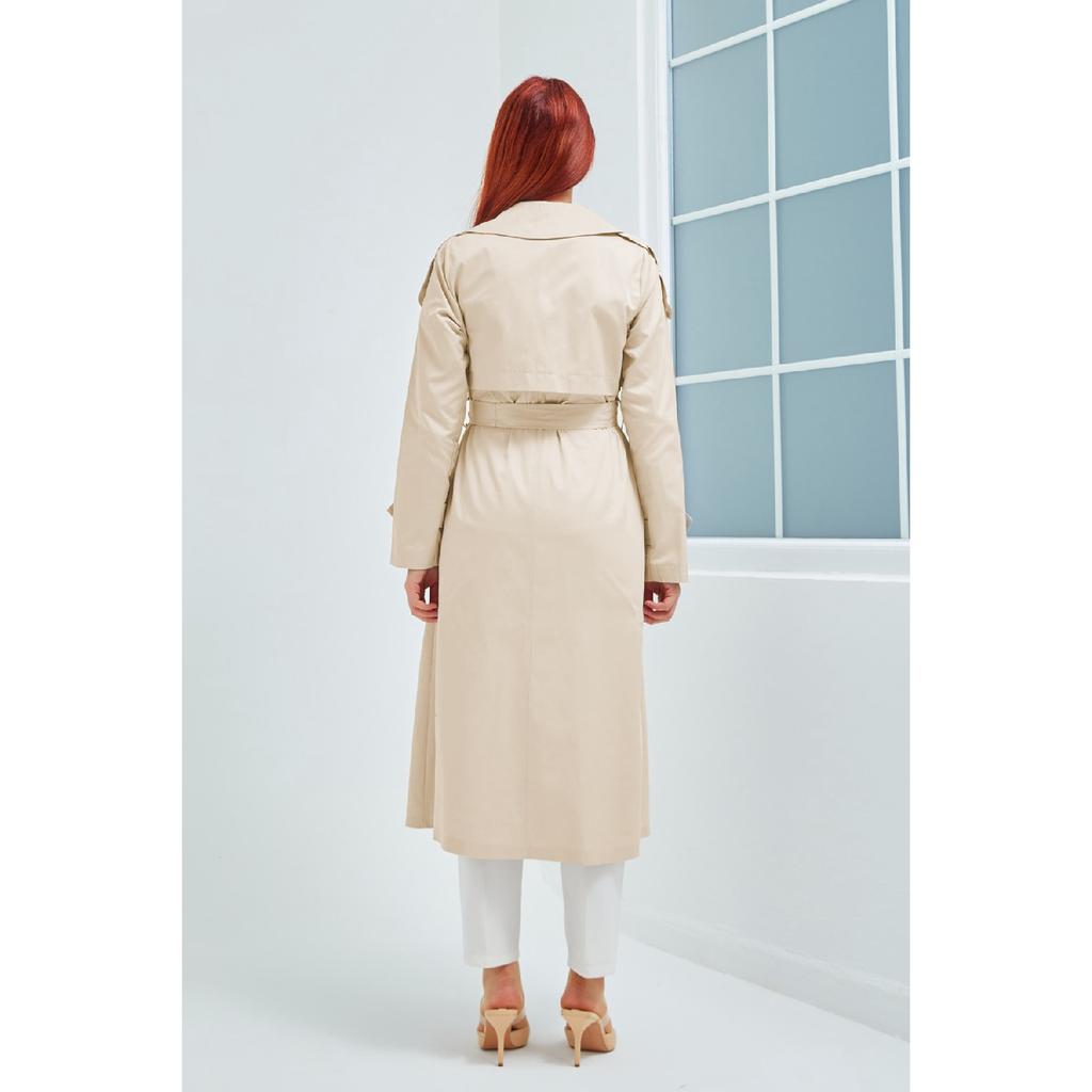 Waterproof Medium Length Unlined Cotton Double Breasted Trench Coat Beige 3440