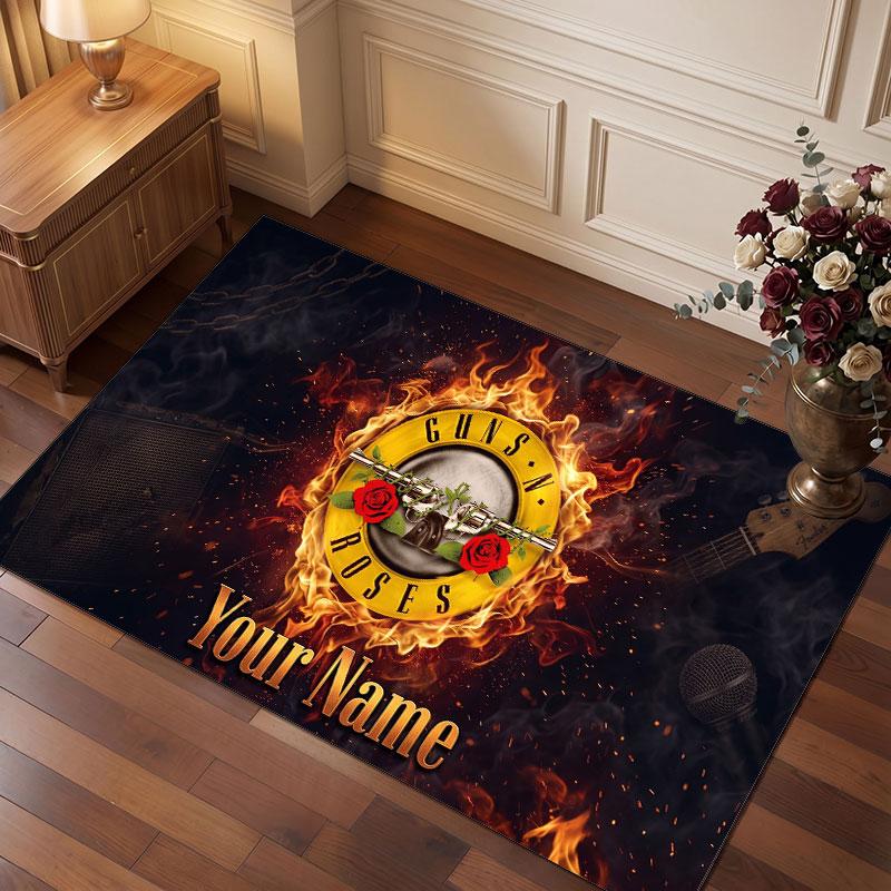 Guns N’ Roses Personalized Crystal Velvet Carpet, Customized Name Text Soft Anti‑Slip Rug for Living Room Bedroom