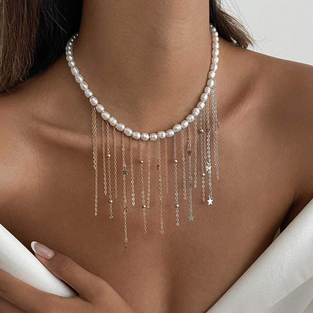 Металлическая ветровая цепочка с бахромой, цепочка до ключицы, европейский и американский дизайн с имитацией жемчуга, чокер, женское ожерелье с подвеской в виде сердца