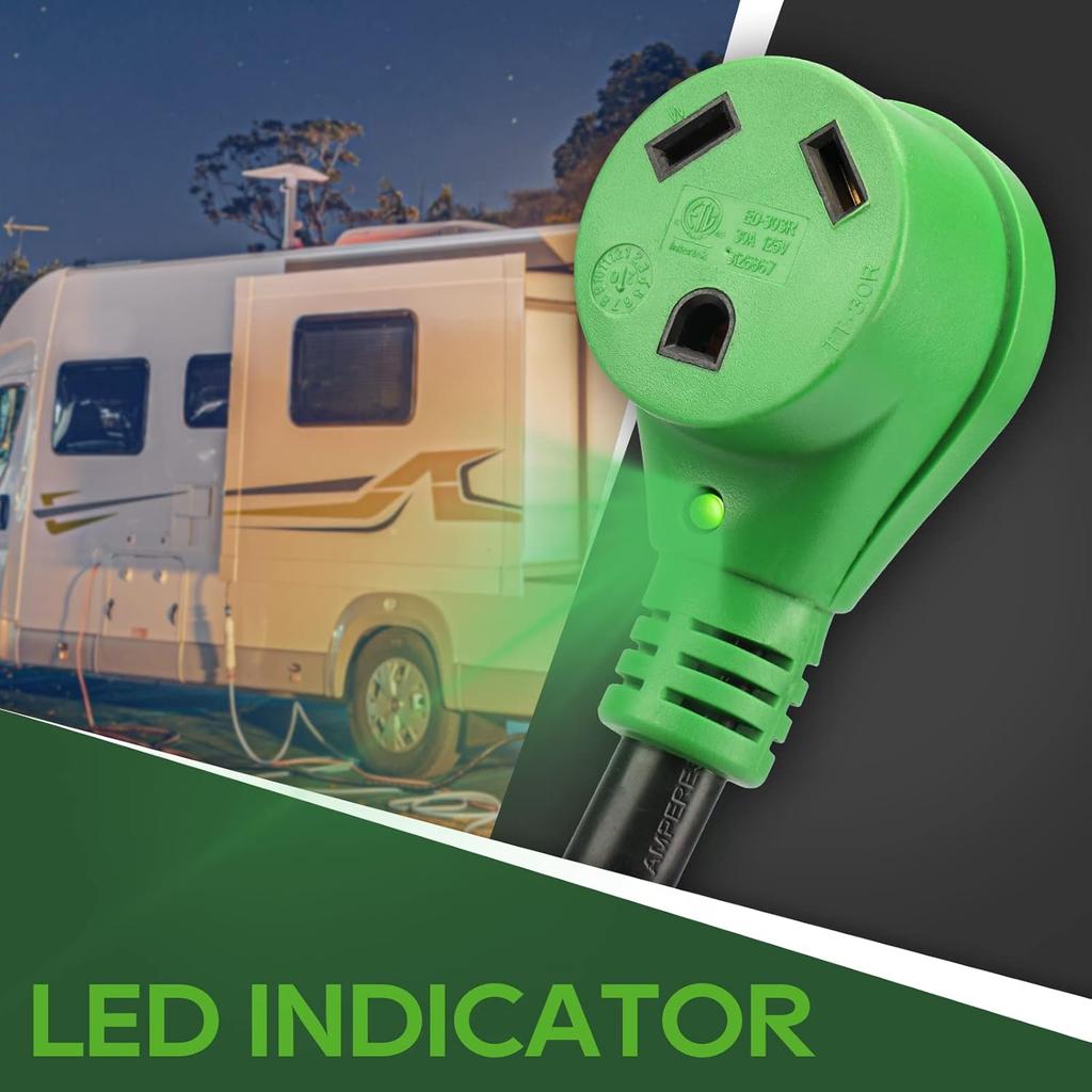 RVGUARD 30 Amp To 110 Volt RV Adapter Cord 12 Inch, NEMA 5-15P To NEMA TT-30R Electrical Power Adapter With LED Power Indicator, Green, ETL Listed