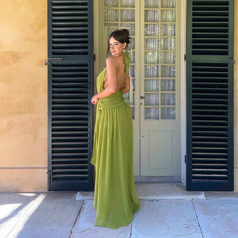 European and American style pleated neck split open back ruffle edge streamer evening dress island vacation beach skirt