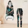 Women Plus Size Gray White Black Printed Hooded Long Sleeve High Low Top Fitted Pants Two Piece Set
