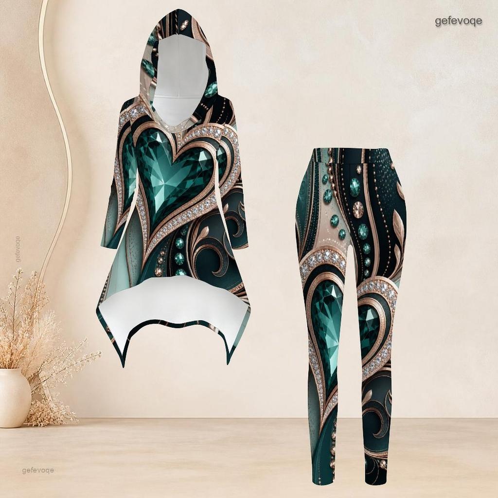 Women Plus Size Gray White Black Printed Hooded Long Sleeve High Low Top Fitted Pants Two Piece Set