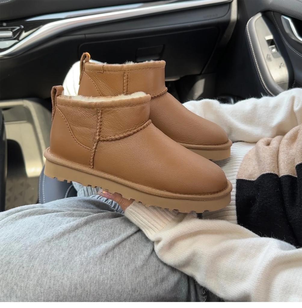 Fashion High Quality Wool Women's Boots, Waterproof and Glossy Leather Snow Boots, Pure Wool Warm High Top Low Top Flat Bottom