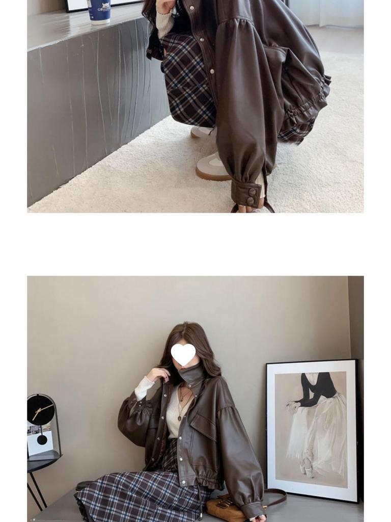 Женская модная свободная кожаная мотоциклетная куртка с рубашечным воротником и кулиской - Корейский стиль