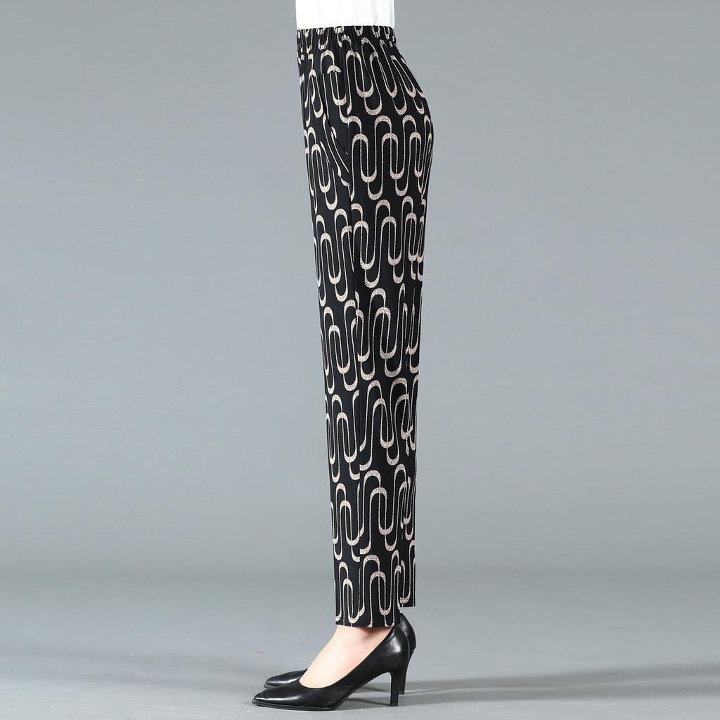 Summer Middle-aged and Elderly Women's Cropped Pants High Waist Elastic Oversized Pants Middle-aged Women's Floral Pants