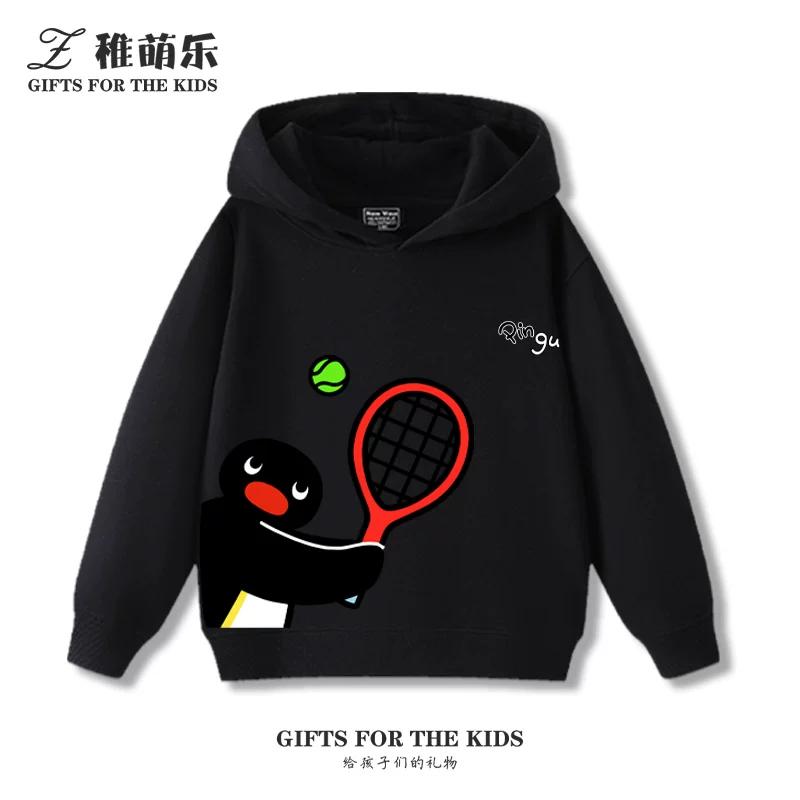 Kids' Fleece-Lined Hooded Sweatshirt with Fun Cartoon Penguin Print – Warm Pullover for Boys and Girls (Autumn/Winter)
