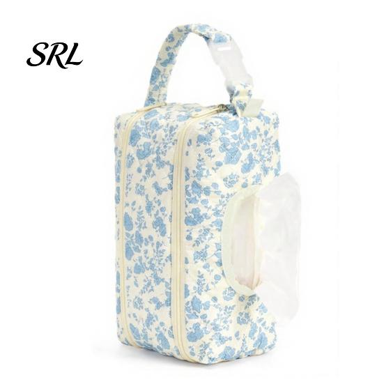 Portable Baby Wipe Dispenser Quilted Diaper Wipes Bag with Hanging Strap, Dual Compartment Zipper Plaid Ruffle Storage Pouch Bag, Large Capacity