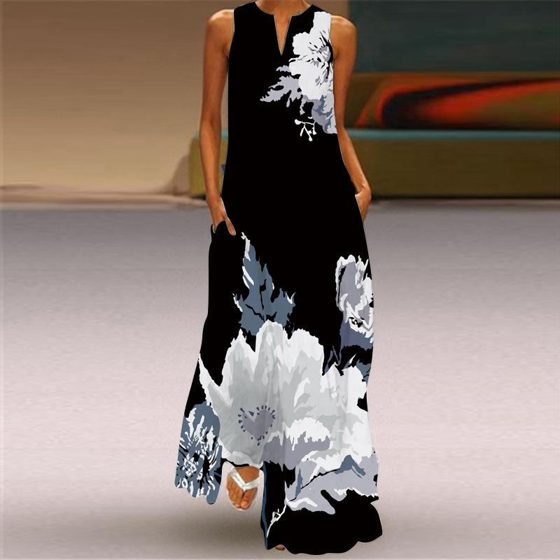 QICED Summer Women's Sleeveless Long V-Neck Printed Jade Flower Dresses