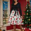 Women's Fashion Round Casual Slim Fit Christmas Print Large Swing Long Sleeve Dress