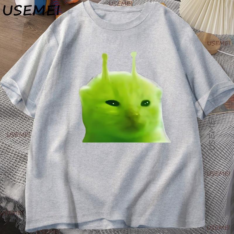 Green Alien Cat T Shirt Women Unisex Cat Meme Tee Glorp Gnarp Cat Brainrot Tshirt Silly Cute TShirt Loose Cotton Short Sleeve