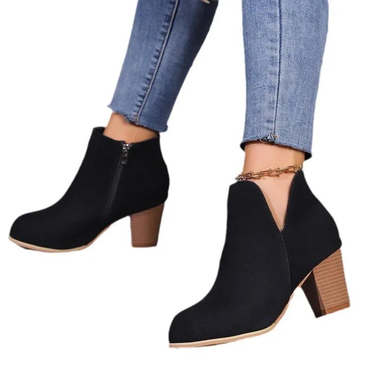 Women'S Fashion Ankle Boots Chunky High Heels Boots Female New Trendy Autumn Winter Outdoor Mid-Heel Side Zipper Booties Mujer