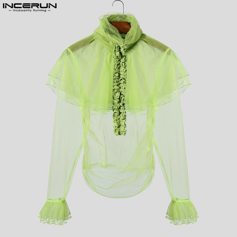 INCERUN Мужские футболки с длинным рукавом, оборками, нерегулярными слоями, сетка, клубная одежда для вечеринок, топы