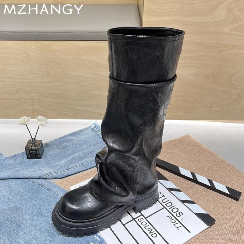Модные женские сапоги на платформе, высокие кожаные туфли до колена, туфли на плоской подошве, женская мода 2025 года, зимнее платье в готическом стиле в стиле ретро, мотоциклетные сапоги Mujer