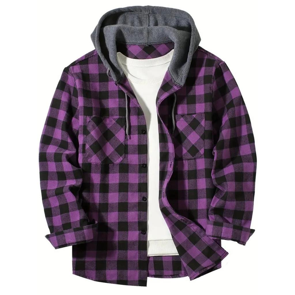 Men's Casual Long-Sleeve Loose-Fit Hooded Plaid Pocketed Shirt