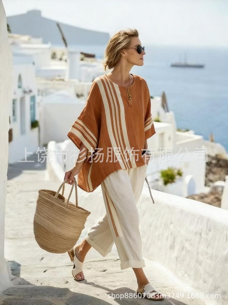 European and American color-blocked national flag print set, loose bat-sleeve wide-leg pants two-piece set, one for women