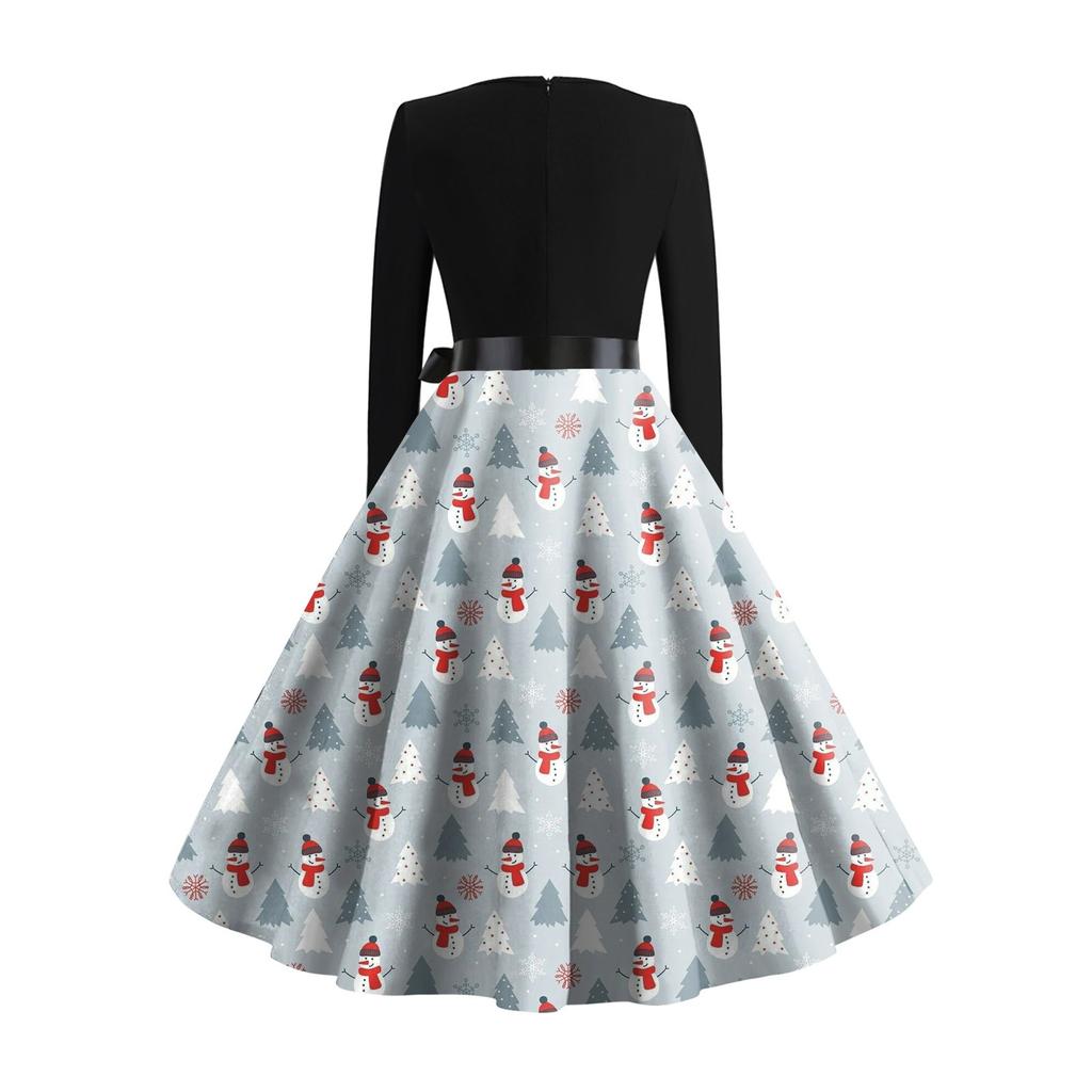 Женское винтажное классическое платье с длинным рукавом и рождественским принтом, свободное платье с круглым вырезом
