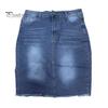 Women Denim Skirt High Waist Button Zipper Fly Multi Pockets Midi Skirt Solid Color Hip Wrapped Tassel Hem Washed Skirt