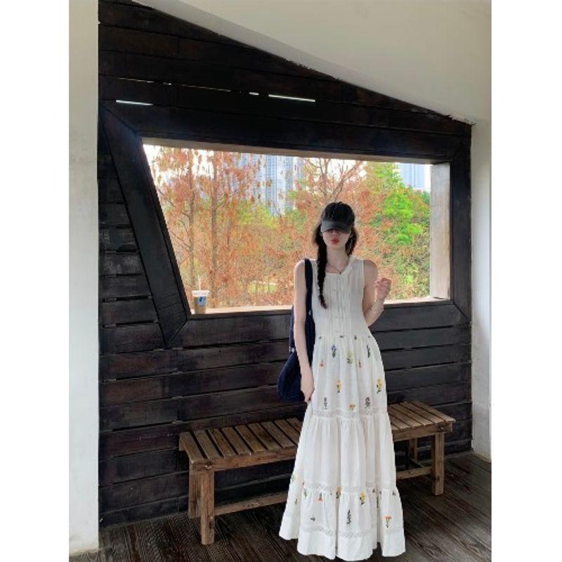 Kumikumi Elegant Floral Dress Women Summer Holiday Style Sleeveless Vest Dress Lace Stitching A Word Long Dress