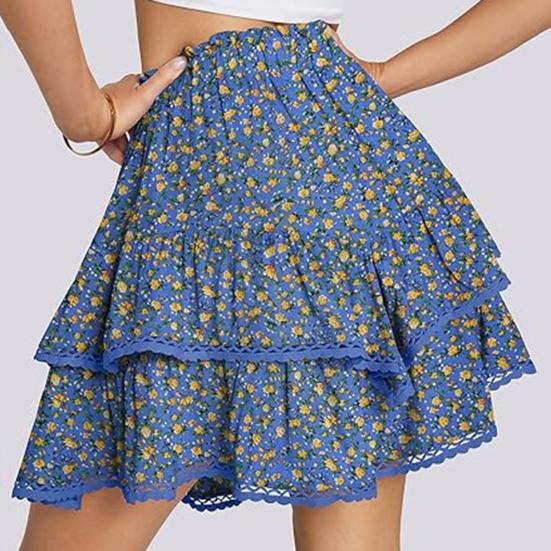 Women Cake Skirt High Waisted Double-Layered Ruffle Bohemian Mini Skirt with Elastic