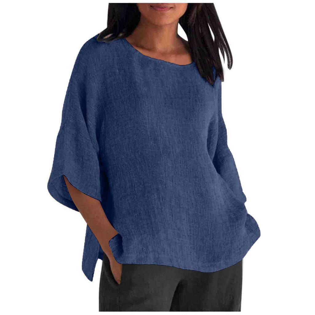 Cotton Linen Blouse For Women With Round Neck And Seven Quarter Sleeves For Casual Office Wear