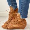 New Women's Peep Toe Sandals Summer Fashion Wedge Lace-up Hollow Roman Sandals Beach Shoes