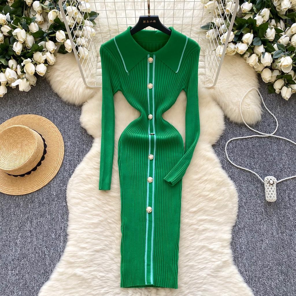 Autumn Winter Women Knitted Dresses 2024 Vintage Patchwork Striped Long Sleeve Bodycon Sexy Chic Long Dress