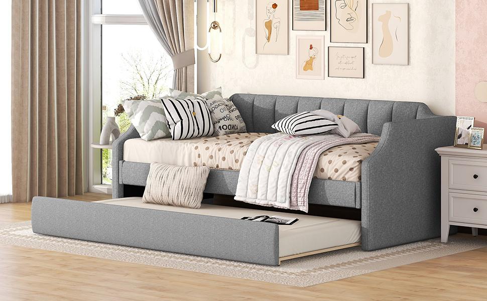 90 x 200(190) Day Beds, Upholstered Single Day Bed with Trundle Bed, Grey