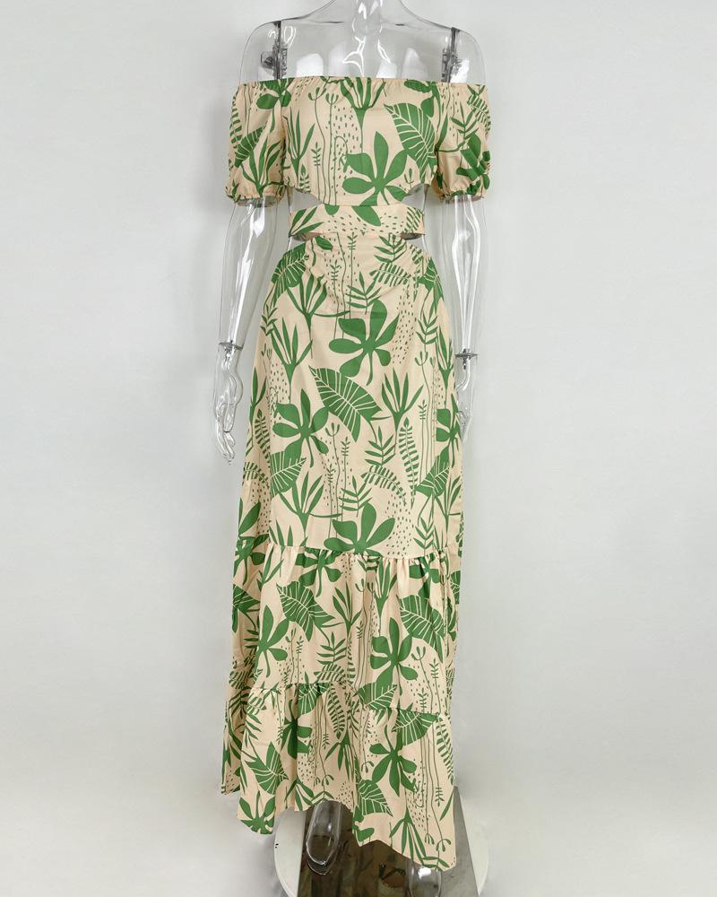 Women Off Shoulder Floral Print Short Sleeve Cut Out Maxi Dress Summer Bohemian Dress