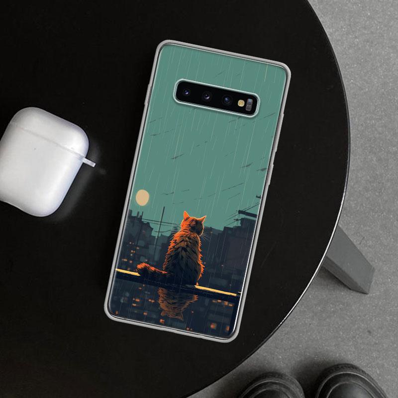 Аниме Кот Дождь Животное Чехол для Телефона Cover для Samsung Galaxy S26 S25 Edge S24 S23 Ultra S22 Plus S21 FE S20 + Арт Индивидуальные Fundas