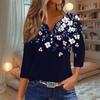 Жен. Футболка Футболка С принтом Пуговицы Рукав 3/4 Повседневные Выходные Мода Классический V-образный вырез Обычный Топ