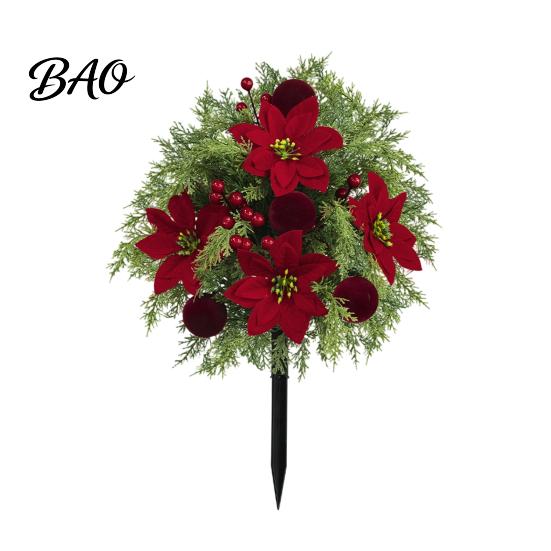 Festive Pathway Decorations Artificial Poinsettia Flower Yard Stake, Red Christmas Floral Ground Spike Decor, Maintenance Free Winter Plants
