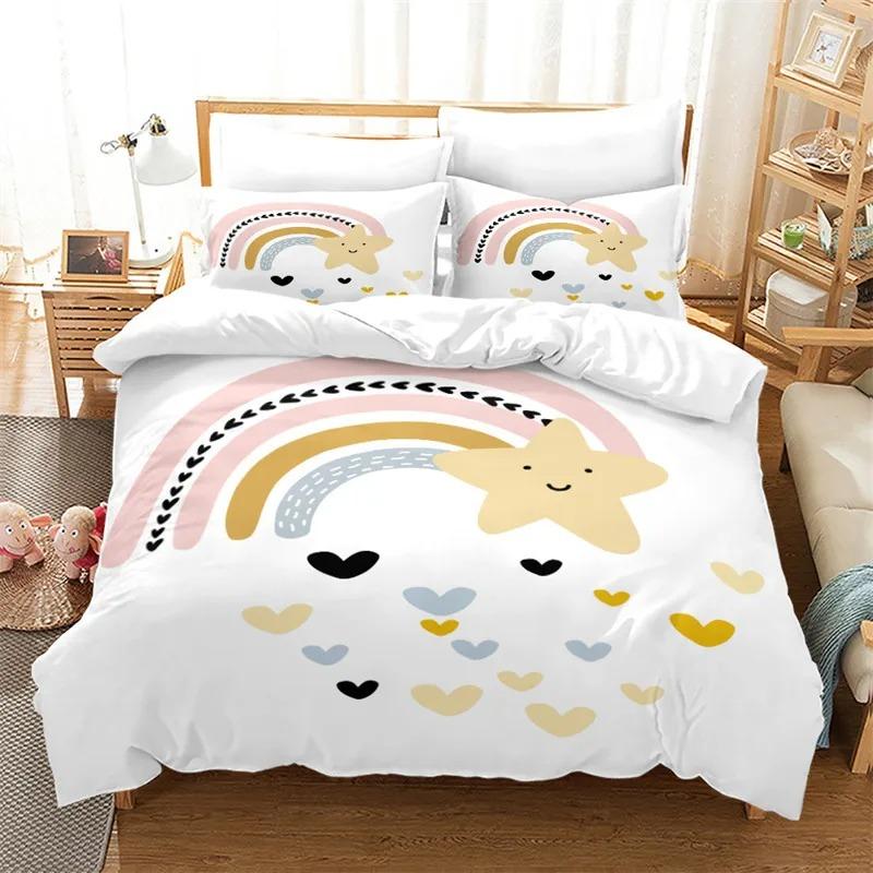 Rainbow Duvet Cover Twin Queen Kawaii Clouds Star Dream Castle Print Comforter Cover Microfiber Cartoon Bedding Set For Boy Girl