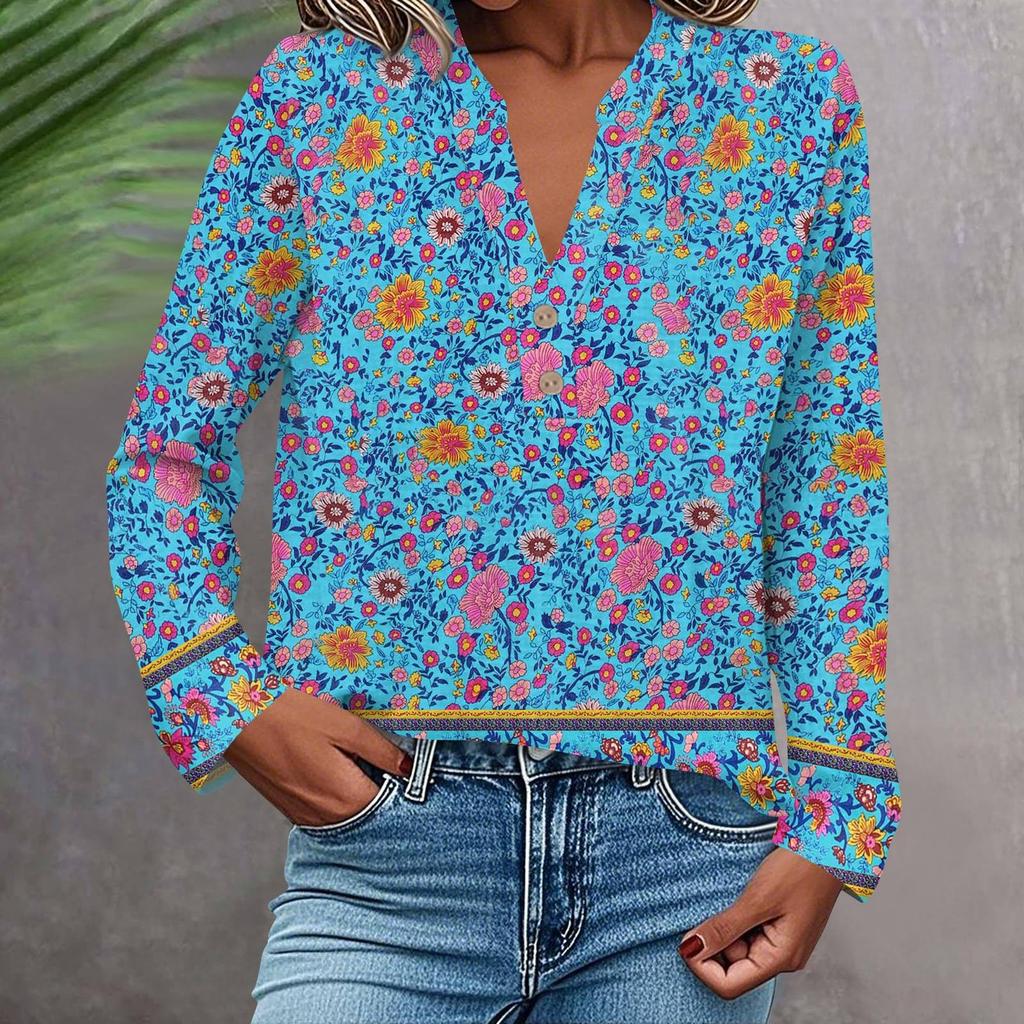 Women's Fashionable And Casual Shirt Long Sleeve V-neck Button Printed Blouse Top